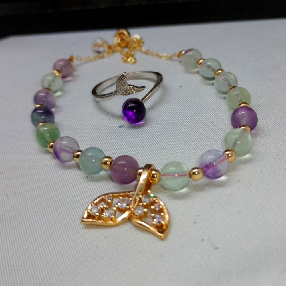 Rainbow Flourite adjustable bracelet and amethyst mermaid tail ring